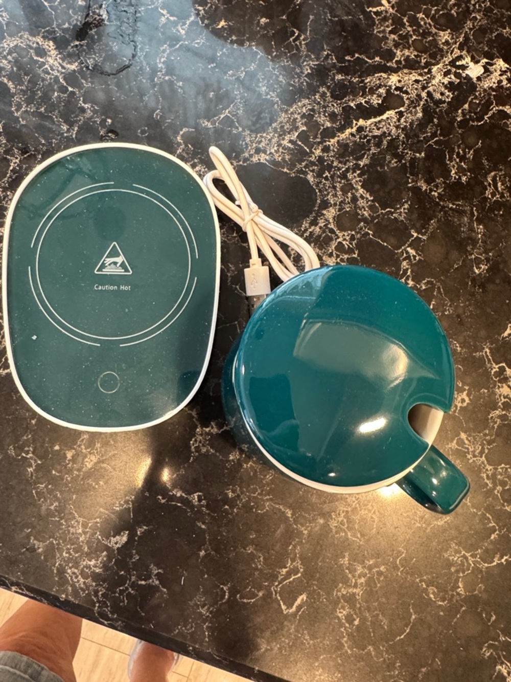 Teal Ceramic Mug with Electric Warming Plate, Lid & Spoon.